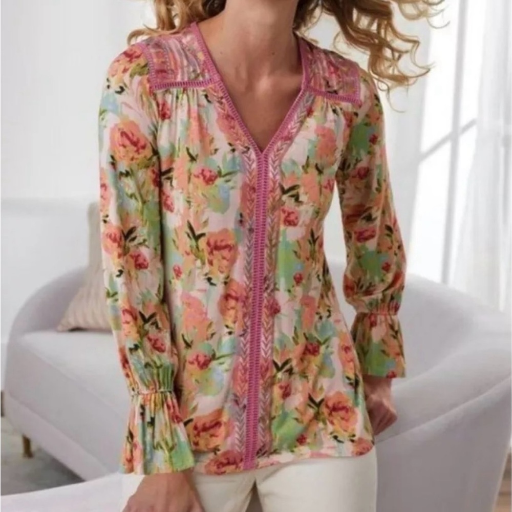 Soft Surroundings Long Sleeve Water Color Floral Print M lace/Embroidery Boho